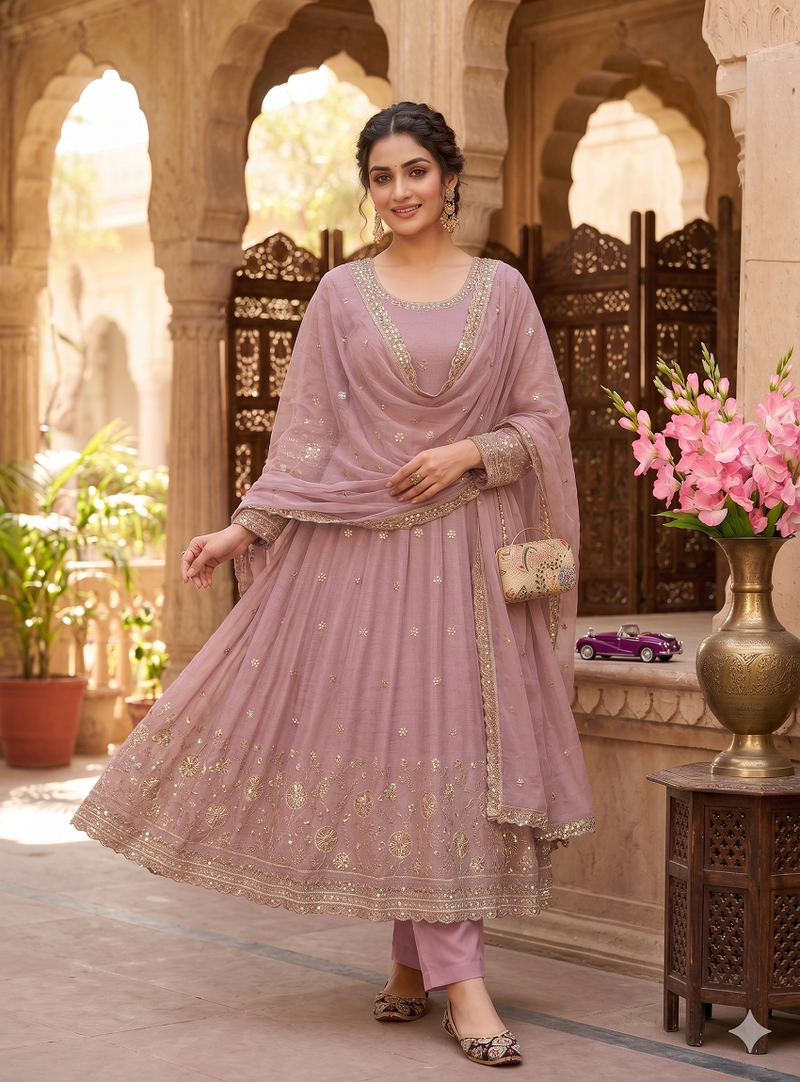 Elegant pink embroidered anarkali kurta set with mirror work dupatta