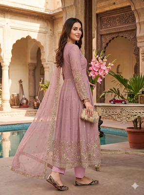 Elegant pink embroidered anarkali kurta set with mirror work dupatta 2