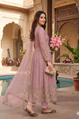 Elegant pink embroidered anarkali kurta set with mirror work dupatta