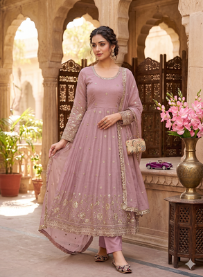 Elegant pink embroidered anarkali kurta set with mirror work dupatta 3