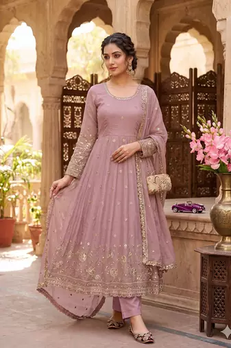 Elegant pink embroidered anarkali kurta set with mirror work dupatta