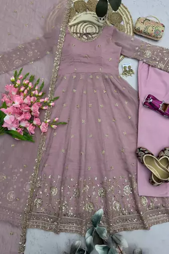 Elegant pink embroidered anarkali kurta set with mirror work dupatta