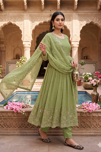 Elegant pista green embroidered anarkali kurta set with mirror work dupatta