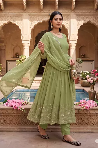 Elegant pista green embroidered anarkali kurta set with mirror work dupatta