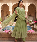 Elegant pista green embroidered anarkali kurta set with mirror work dupatta
