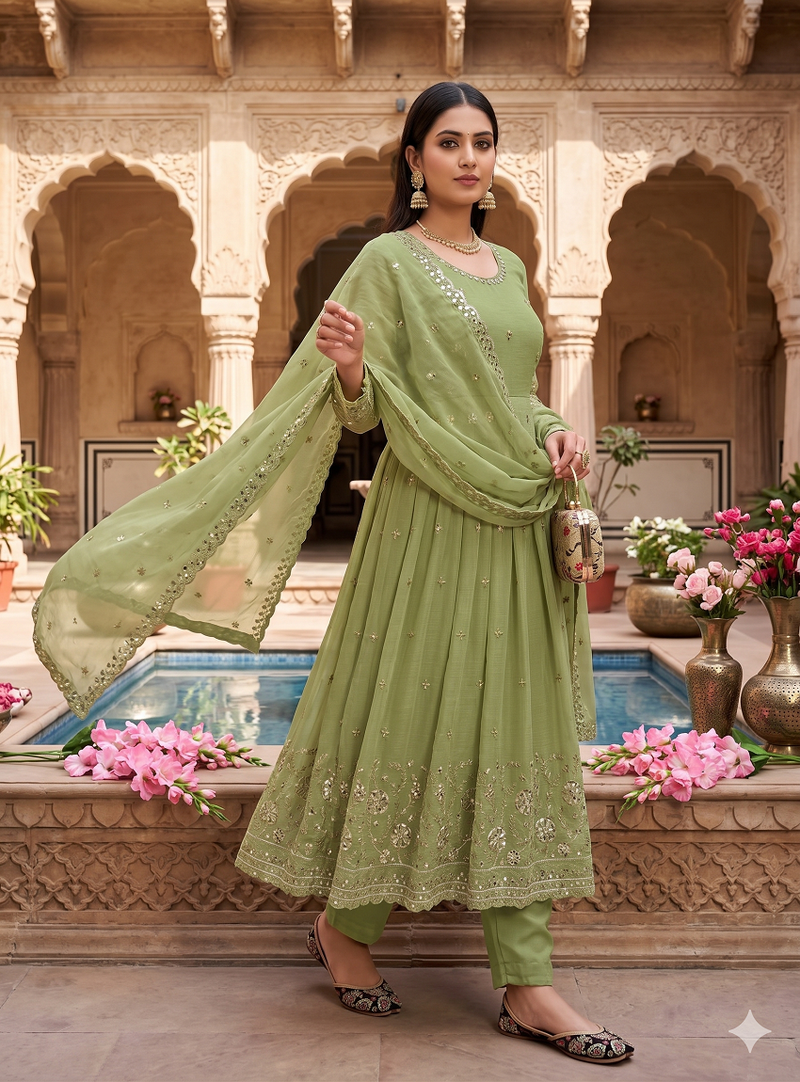 Elegant pista green embroidered anarkali kurta set with mirror work dupatta