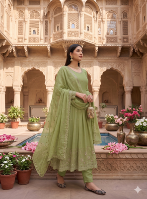 Elegant pista green embroidered anarkali kurta set with mirror work dupatta 2