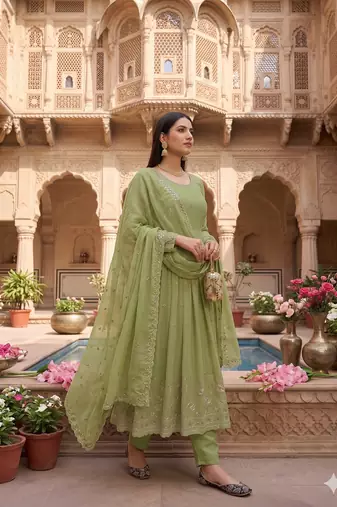 Elegant pista green embroidered anarkali kurta set with mirror work dupatta