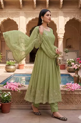 Elegant pista green embroidered anarkali kurta set with mirror work dupatta