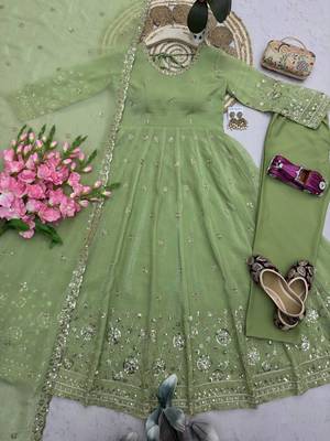 Elegant pista green embroidered anarkali kurta set with mirror work dupatta 4