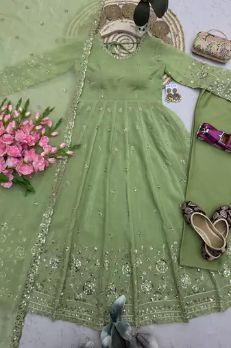 Elegant pista green embroidered anarkali kurta set with mirror work dupatta