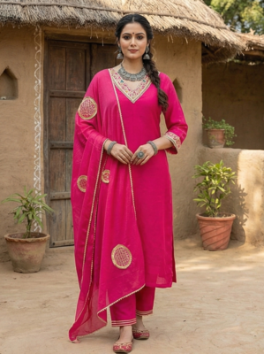 Fuchsia Pink Pure Mal Chanderi Hand Gota Patti Cotton Salwar & Kurta Mul Cotton Dupatta Set of 3 1