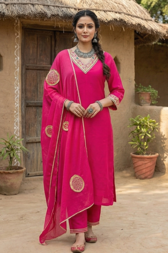 Fuchsia Pink Pure Mal Chanderi Hand Gota Patti Cotton Salwar & Kurta Mul Cotton Dupatta Set of 3