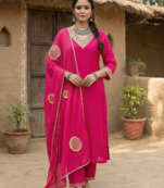 Fuchsia Pink Pure Mal Chanderi Hand Gota Patti Cotton Salwar & Kurta Mul Cotton Dupatta Set of 3