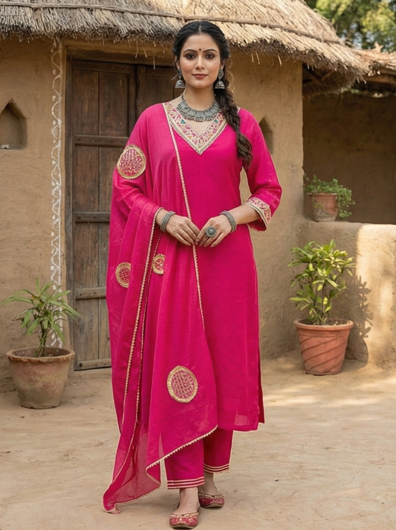 Fuchsia Pink Pure Mal Chanderi Hand Gota Patti Cotton Salwar & Kurta Mul Cotton Dupatta Set of 3