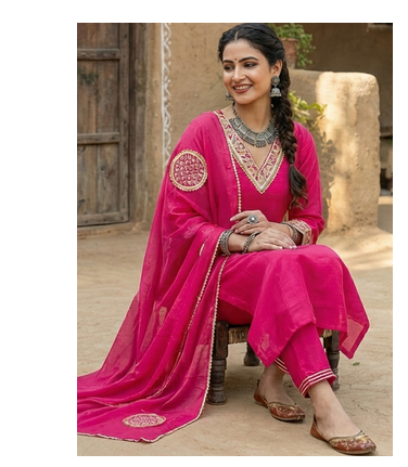 Fuchsia Pink Pure Mal Chanderi Hand Gota Patti Cotton Salwar & Kurta Mul Cotton Dupatta Set of 3 2