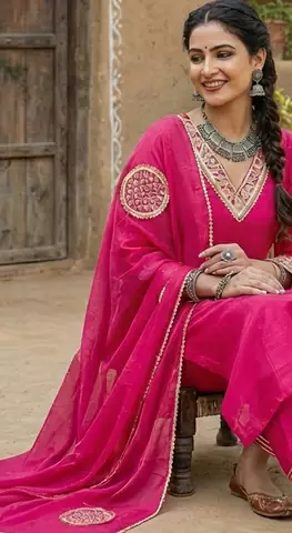 Fuchsia Pink Pure Mal Chanderi Hand Gota Patti Cotton Salwar & Kurta Mul Cotton Dupatta Set of 3