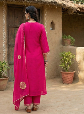 Fuchsia Pink Pure Mal Chanderi Hand Gota Patti Cotton Salwar & Kurta Mul Cotton Dupatta Set of 3 3