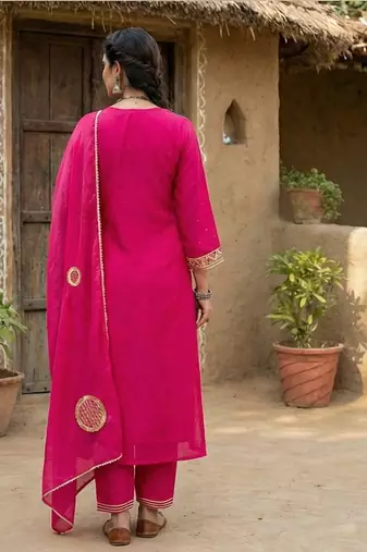 Fuchsia Pink Pure Mal Chanderi Hand Gota Patti Cotton Salwar & Kurta Mul Cotton Dupatta Set of 3