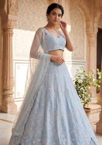 Pastel Blue Designer Lehenga with Intricate Resham dori & rainbow sequins work