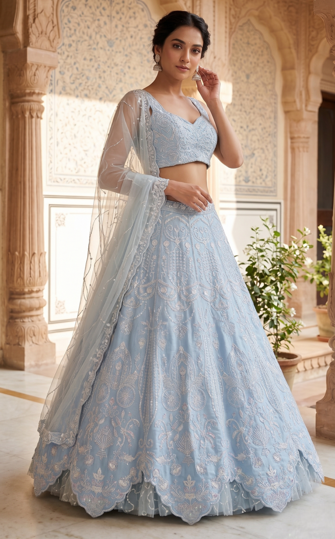 Pastel Blue Designer Lehenga with Intricate Resham dori & rainbow sequins work