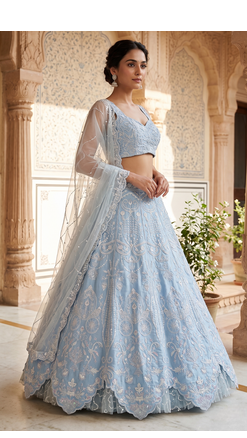 Pastel Blue Designer Lehenga with Intricate Resham dori & rainbow sequins work 1