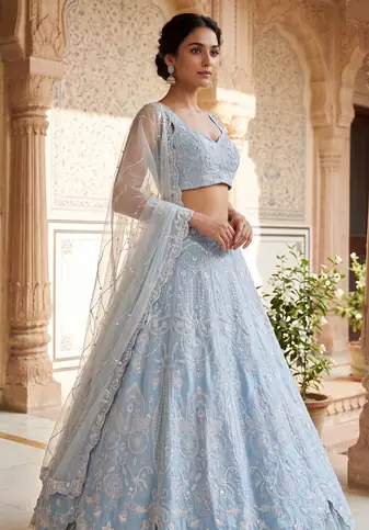 Pastel Blue Designer Lehenga with Intricate Resham dori & rainbow sequins work