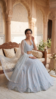 Pastel Blue Designer Lehenga with Intricate Resham dori & rainbow sequins work 3