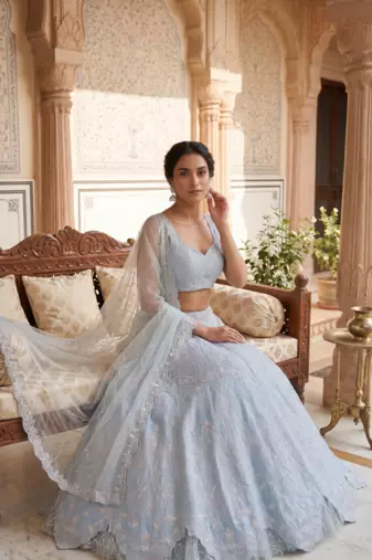 Pastel Blue Designer Lehenga with Intricate Resham dori & rainbow sequins work