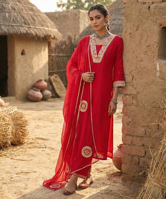 Red Pure Mal Chanderi Hand Gota Patti Cotton Salwar & Kurta  Mul Cotton Dupatta Set of 3 1