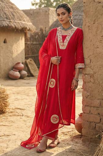 Red Pure Mal Chanderi Hand Gota Patti Cotton Salwar & Kurta  Mul Cotton Dupatta Set of 3
