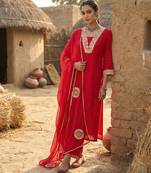Red Pure Mal Chanderi Hand Gota Patti Cotton Salwar & Kurta  Mul Cotton Dupatta Set of 3