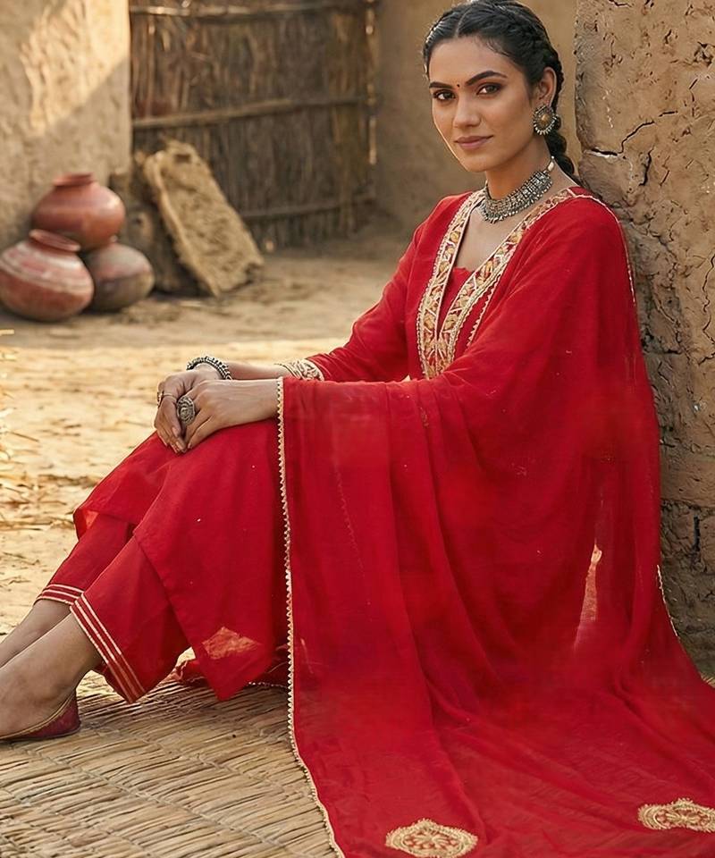Red Pure Mal Chanderi Hand Gota Patti Cotton Salwar & Kurta  Mul Cotton Dupatta Set of 3