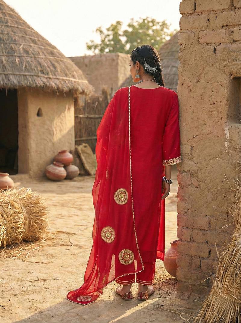 Red Pure Mal Chanderi Hand Gota Patti Cotton Salwar & Kurta  Mul Cotton Dupatta Set of 3