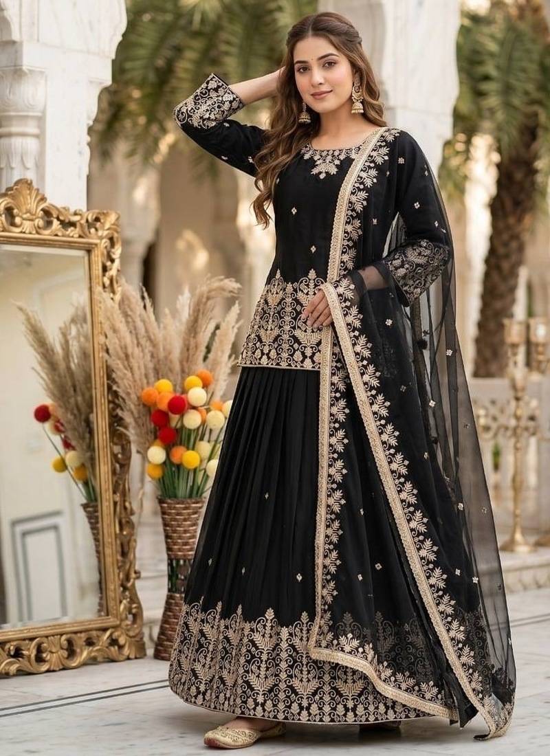 BLACK FRANCH SILK PARTY WEAR EMBROIDERY TOP LEHENGA