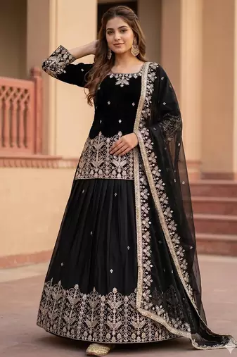 BLACK FRANCH SILK PARTY WEAR EMBROIDERY TOP LEHENGA