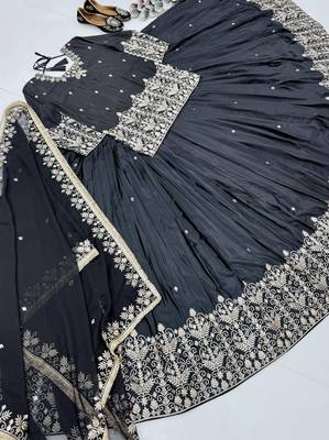 BLACK FRANCH SILK PARTY WEAR EMBROIDERY TOP LEHENGA 4
