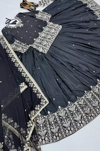 BLACK FRANCH SILK PARTY WEAR EMBROIDERY TOP LEHENGA