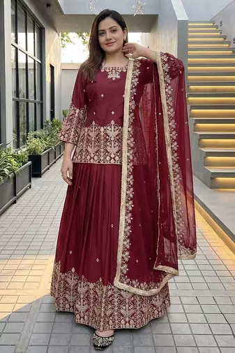 RED FRANCH SILK PARTY WEAR EMBROIDERY TOP LEHENGA