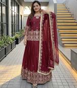 RED FRANCH SILK PARTY WEAR EMBROIDERY TOP LEHENGA