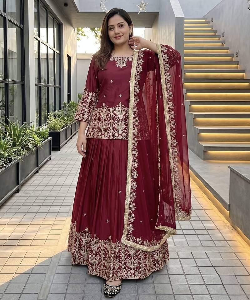 RED FRANCH SILK PARTY WEAR EMBROIDERY TOP LEHENGA