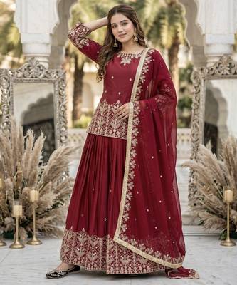 RED FRANCH SILK PARTY WEAR EMBROIDERY TOP LEHENGA 2