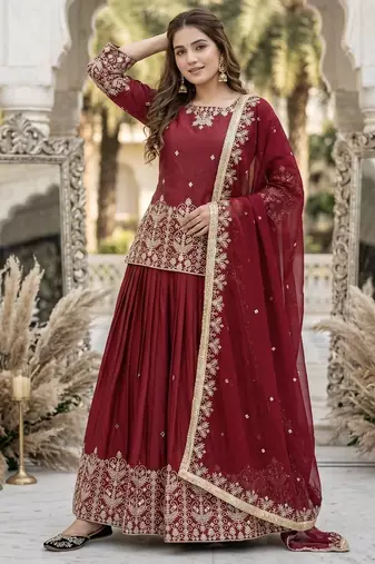 RED FRANCH SILK PARTY WEAR EMBROIDERY TOP LEHENGA