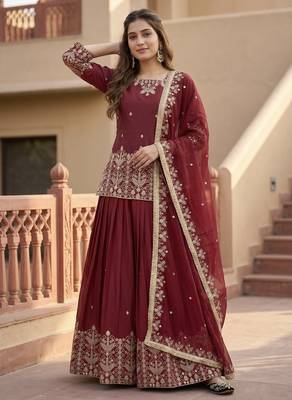 RED FRANCH SILK PARTY WEAR EMBROIDERY TOP LEHENGA 3