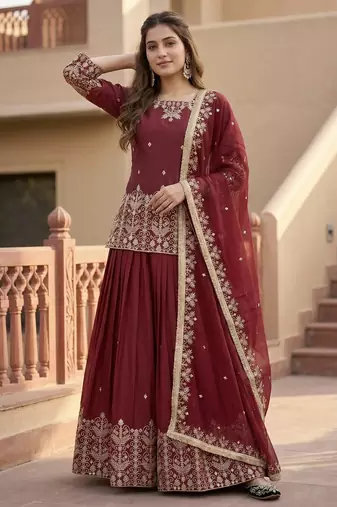 RED FRANCH SILK PARTY WEAR EMBROIDERY TOP LEHENGA