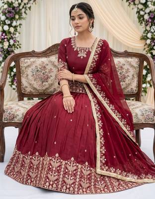 RED FRANCH SILK PARTY WEAR EMBROIDERY TOP LEHENGA 4