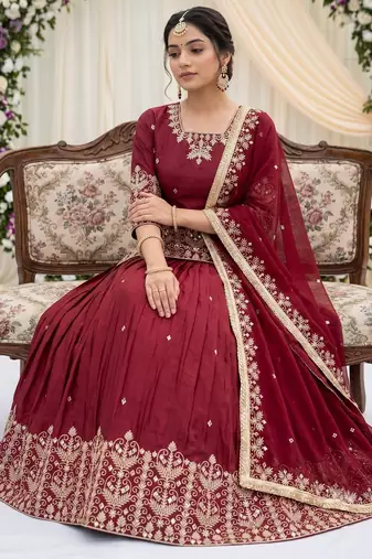 RED FRANCH SILK PARTY WEAR EMBROIDERY TOP LEHENGA