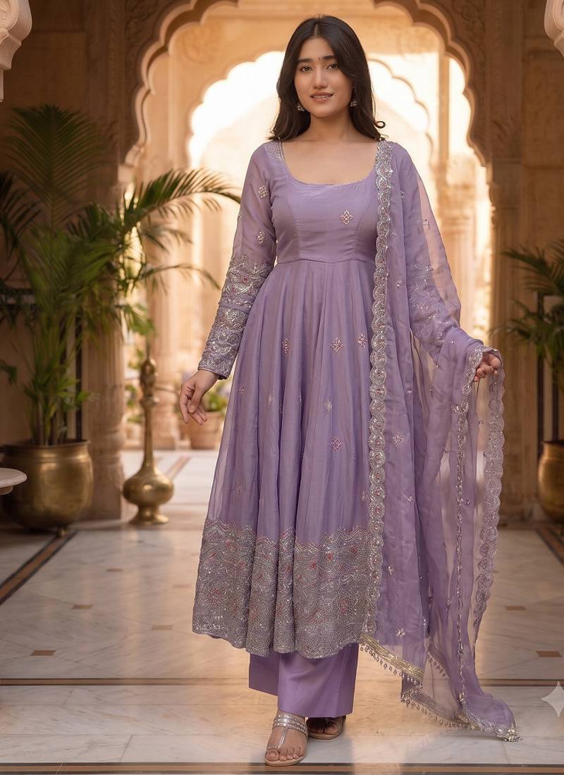 Designer lavender ethnic suit set with heavy embroidery and dupatta