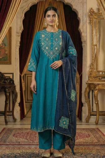 Turquoise Pure Silk zari Embroidered Kurta with Mul Chanderi applique work Dupatta and Cotton Pant Set of 3