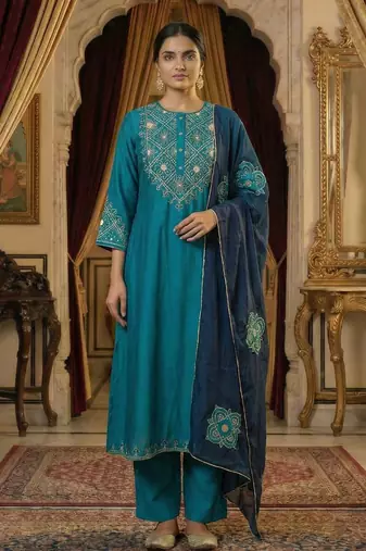 Turquoise Pure Silk zari Embroidered Kurta with Mul Chanderi applique work Dupatta and Cotton Pant Set of 3